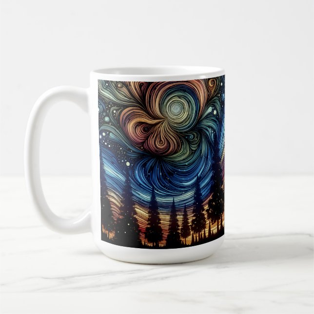 Mystische ätherische Kunst mit Bäumen und nächtlic Kaffeetasse (Links)