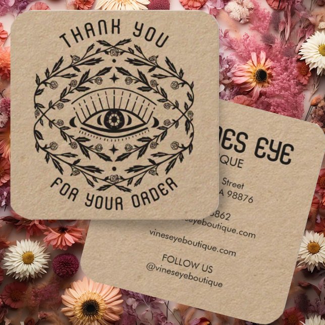 Mystische Augen Rose Weinreben Magische Ordnung Da Quadratische Visitenkarte (Custom order thank you card with boho design of roses and an eye on kraft paper)