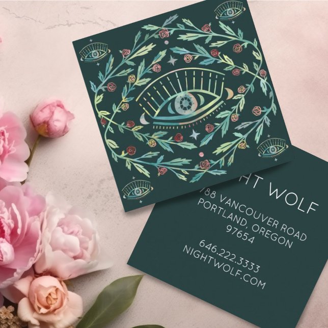 Mystische Augen Rose Weinreben Magischer Boho farb Quadratische Visitenkarte (Colorful boho design with mystical eye and roses on this custom square business card)