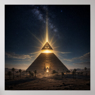 Mystische beleuchtete Pyramide bei Nacht Poster