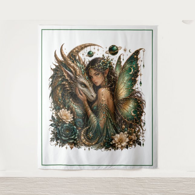 Mystische Drachen-Fee-Kunst Wandteppich (Vorderseite)