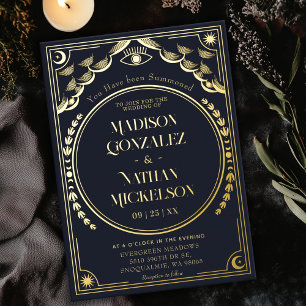 Mystische elegante goldene Navy-Tarot-Gotik-Hochze Folieneinladung