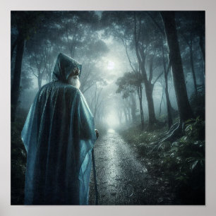 Mystische Figur im nebligen Wald Poster