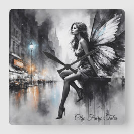 Mystische Flügelmädchen in Schwarz-Weiß-Stadt Quadratische Wanduhr