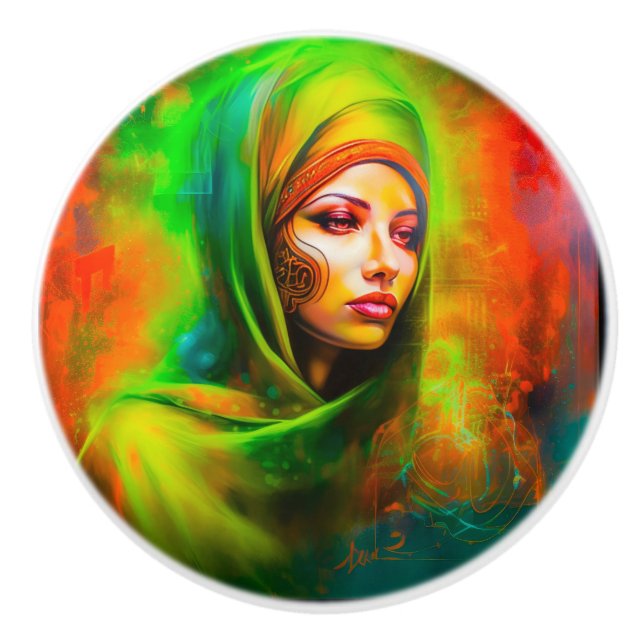 Mystische Frau in Neonfarben Keramikknauf (Vorderseite)