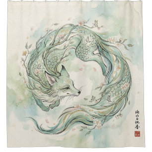 Mystische Fuchsdrachen-Aquarellkunst (1) Duschvorhang
