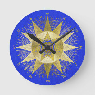 Mystische goldene Sternzeichen-Sonnenstrahlen-Astr Runde Wanduhr