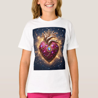 Mystische goldgekrönte Herz im Weltraum T-Shirt