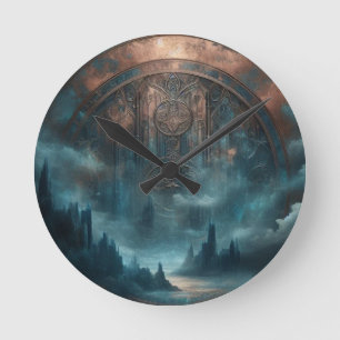 Mystische gothische Steampunk-Kunst - Blaue Kupfer Runde Wanduhr