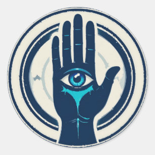 Mystische Hand mit blauem Auge, surrealer Kreis Runder Aufkleber