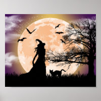 Mystische Hexe, schwarze Katze, Vollmond-Poster