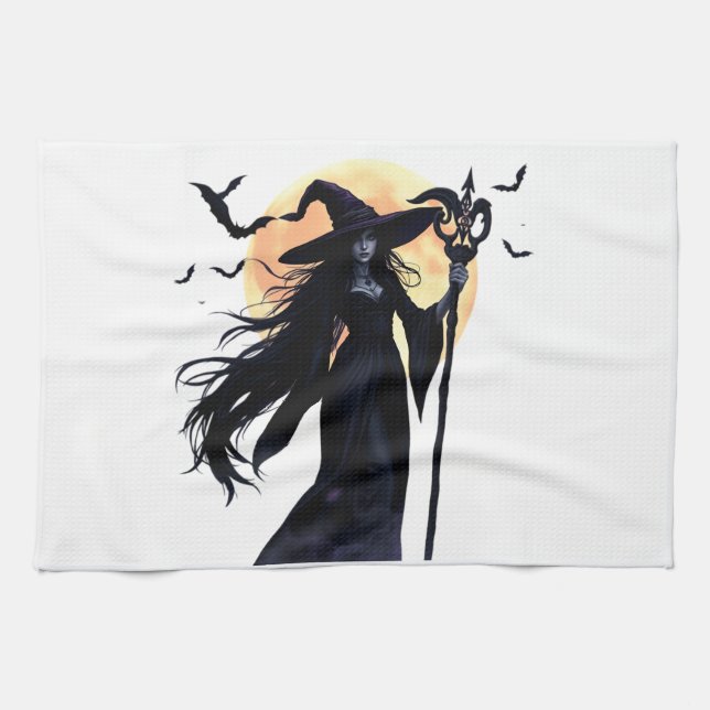 Mystische Hexe unter Vollmond Geschirrtuch (Horizontal)