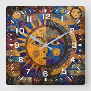 Mystische Himmelssonne Mond Alchemie Quadratische Wanduhr
