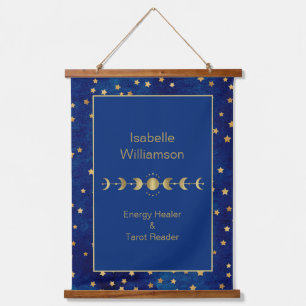 Mystische Himmelsstars Moon Phase Navy Blue Wandteppich Mit Holzrahmen