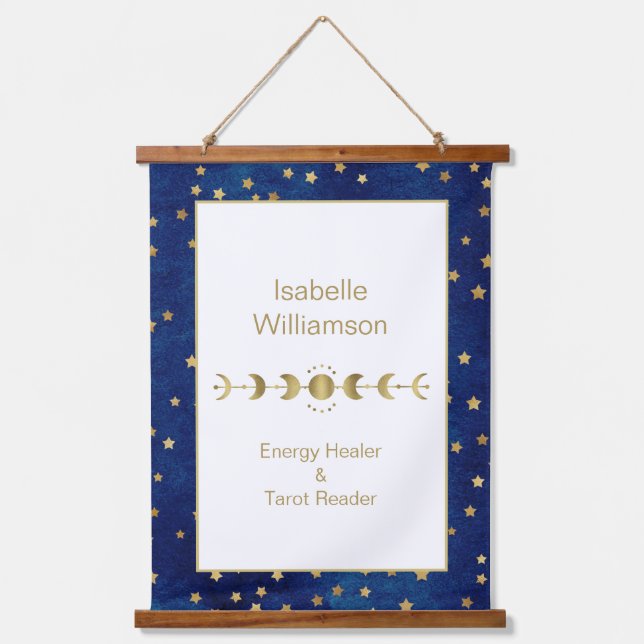 Mystische Himmelsstars Moon Phase Navy Blue Wandteppich Mit Holzrahmen (Vorderseite)