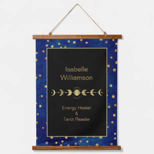 Mystische Himmelssterne Mondphase Navyblau Wandteppich Mit Holzrahmen