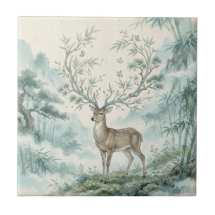 Mystische Hirschwald-Aquarellkunst Fliese