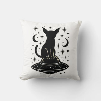 Mystische Katze auf UFO mit Sternen und Monden Kissen