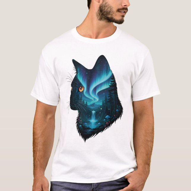 Mystische Katze Nordlichter Wald Silhouette  T-Shirt (Vorderseite)