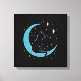 Mystische Katze unter dem blauen Mondhimmel Leinwanddruck