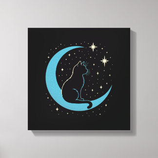 Mystische Katze unter dem blauen Mondhimmel Leinwanddruck