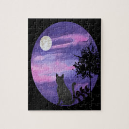Mystische Katze unter dem Mond – Träumende purpurn Puzzle