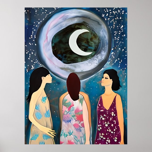 Mystische Kunst | Frauen mit Blick auf den Mond Poster (Vorne)