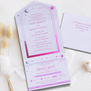 Mystische Lavendel-Rosa-Himmelhochzeit All In One Einladung