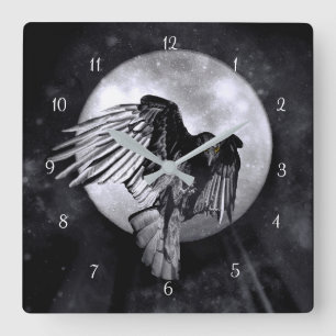 Mystische Magie Raben oder Crow und Mond Quadratische Wanduhr
