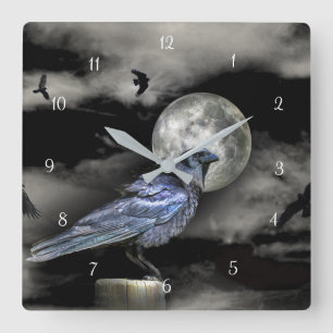 Mystische magische Raben oder Krähen und Mond Quadratische Wanduhr