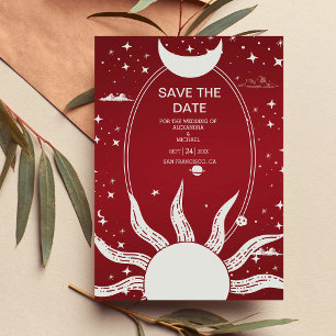 Mystische Marsala- und Silber-Sonne-Mond-Hochzeit Save The Date