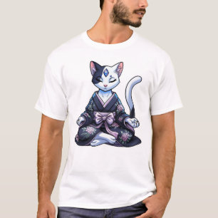 Mystische meditierende Katze im floralen Kimono T-Shirt