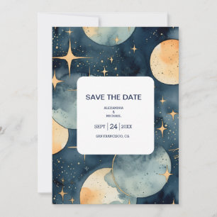 Mystische Mitternachtsblau- und Gold-Wasserfarben- Save The Date