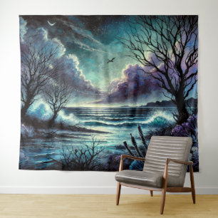 Mystische mondbeschienene Meereslandschaft mit Wel Wandteppich