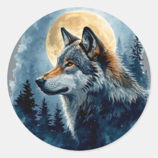 Mystische Mondwolf-Wasserfarbenkunst | Zellularer Runder Aufkleber