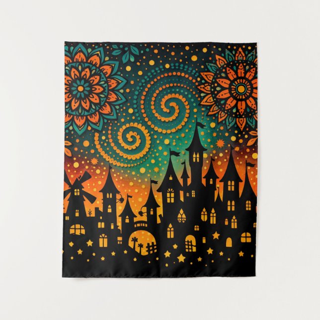 Mystische Nachtschloss-Silhouette Wandteppich (Vorderseite)