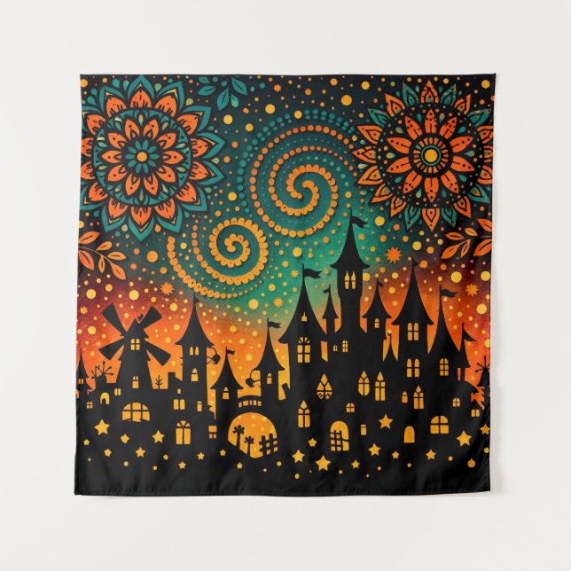 Mystische Nachtschloss-Silhouette Wandteppich (Vorderseite)