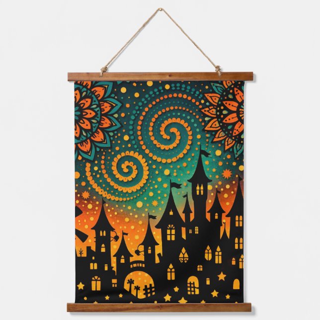 Mystische Nachtschloss-Silhouette Wandteppich Mit Holzrahmen (Vorderseite)