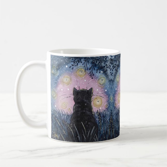 Mystische Night-Fireflies Cat Illustration Art Kaffeetasse (Links)