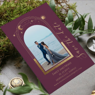 Mystische Pflaume Gold Himmelhochzeitsfoto Save The Date