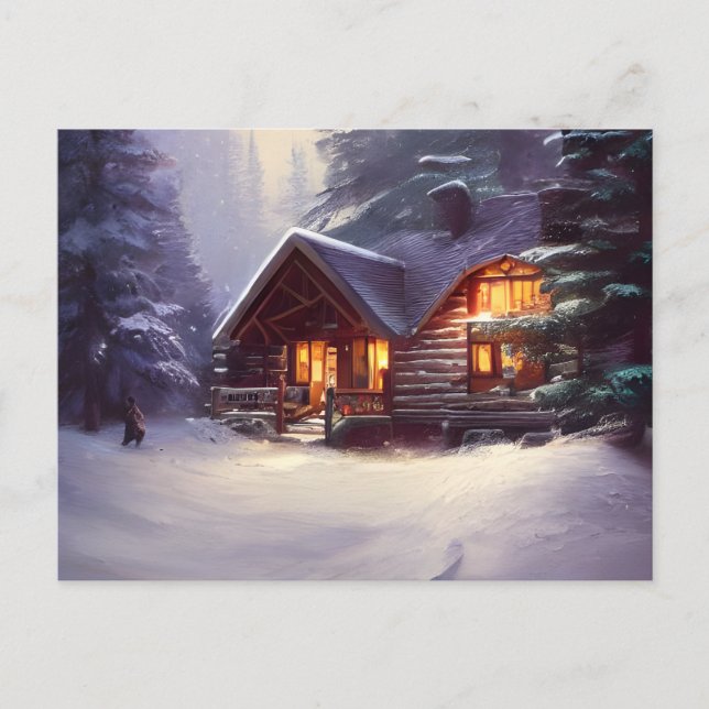 Mystische Rundholzhütte inmitten der Evergreens Postkarte (Vorderseite)