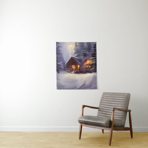 Mystische Rundholzhütte inmitten der Evergreens Wandteppich