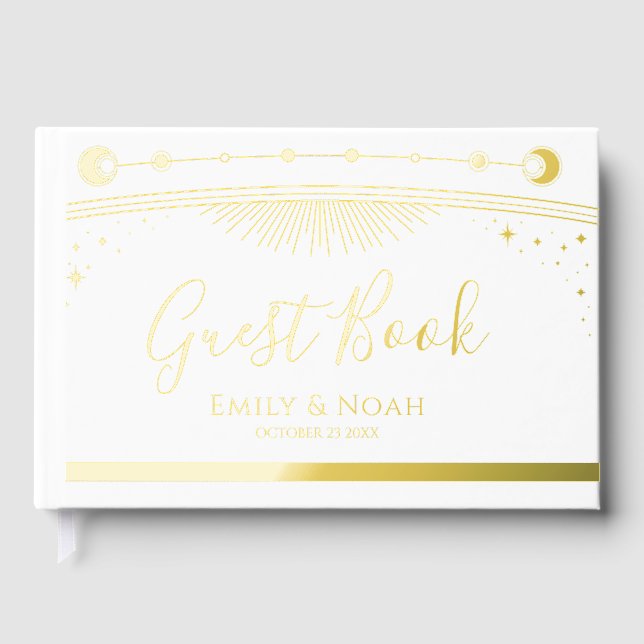 Mystische schicke White Sun Moon Stars Hochzeit Gästebuch (Vorderseite)