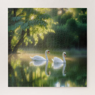Mystische Schwäne glänzen auf Sommerteich Puzzle