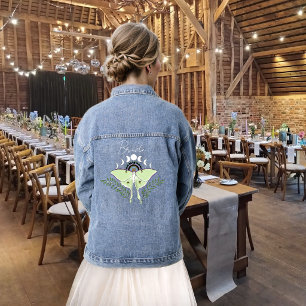 Mystische schwarze Boho-Luna-Motte Mondphasen-Hoch Jeansjacke