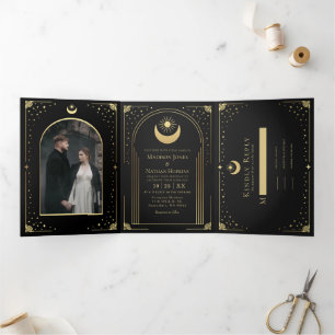 Mystische schwarze Gold-Tarotkarte Arch-Hochzeit Dreifach Gefaltete Einladung