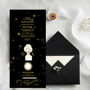 Mystische Schwarze Goldene Himmelssterne Hochzeit All In One Einladung