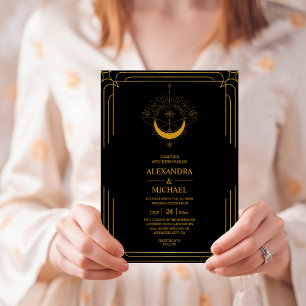 Mystische schwarze Goldene Himmelssterne Hochzeits Einladung