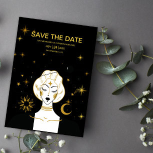 Mystische Schwarze goldene Sonnenhochzeit Rette di Save The Date