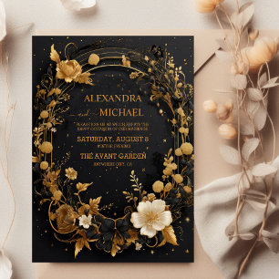 Mystische schwarze goldene Sonnenmond-Hochzeit Einladung